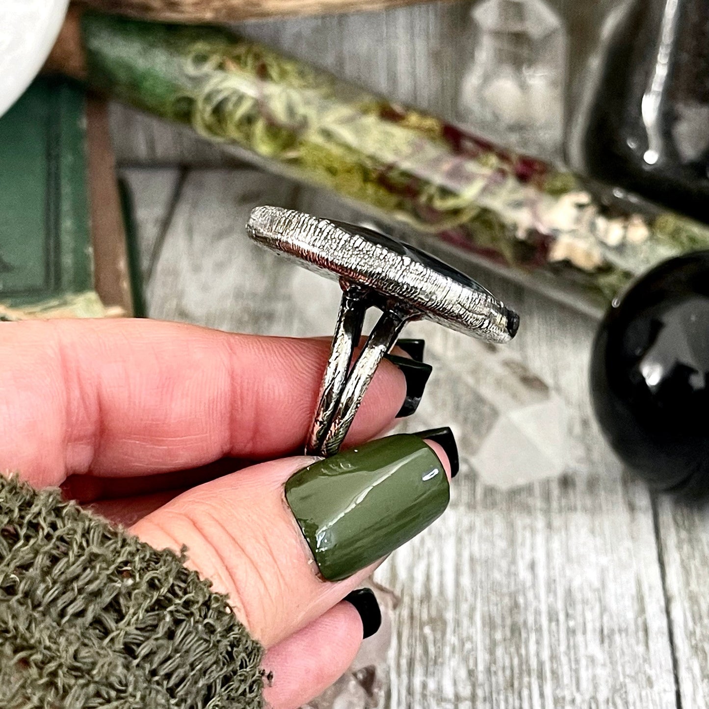 Size 9 Natural Spider Web Obsidian Statement Ring in Fine Silver - Black Stone Jewelry / Foxlark Collection - One of a Kind