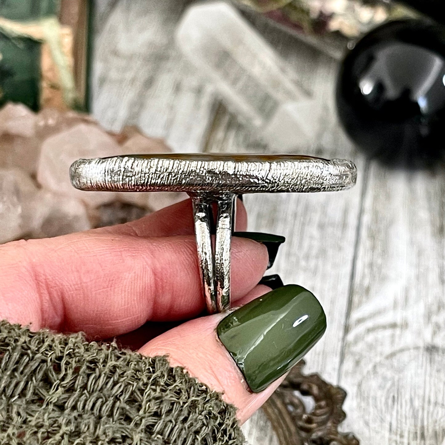 Size 10 Silver Natural Fancy Moss Agate Crystal Statement Ring / Foxlark Collection - One of a Kind / Big Crystal Ring Witchy Jewelry