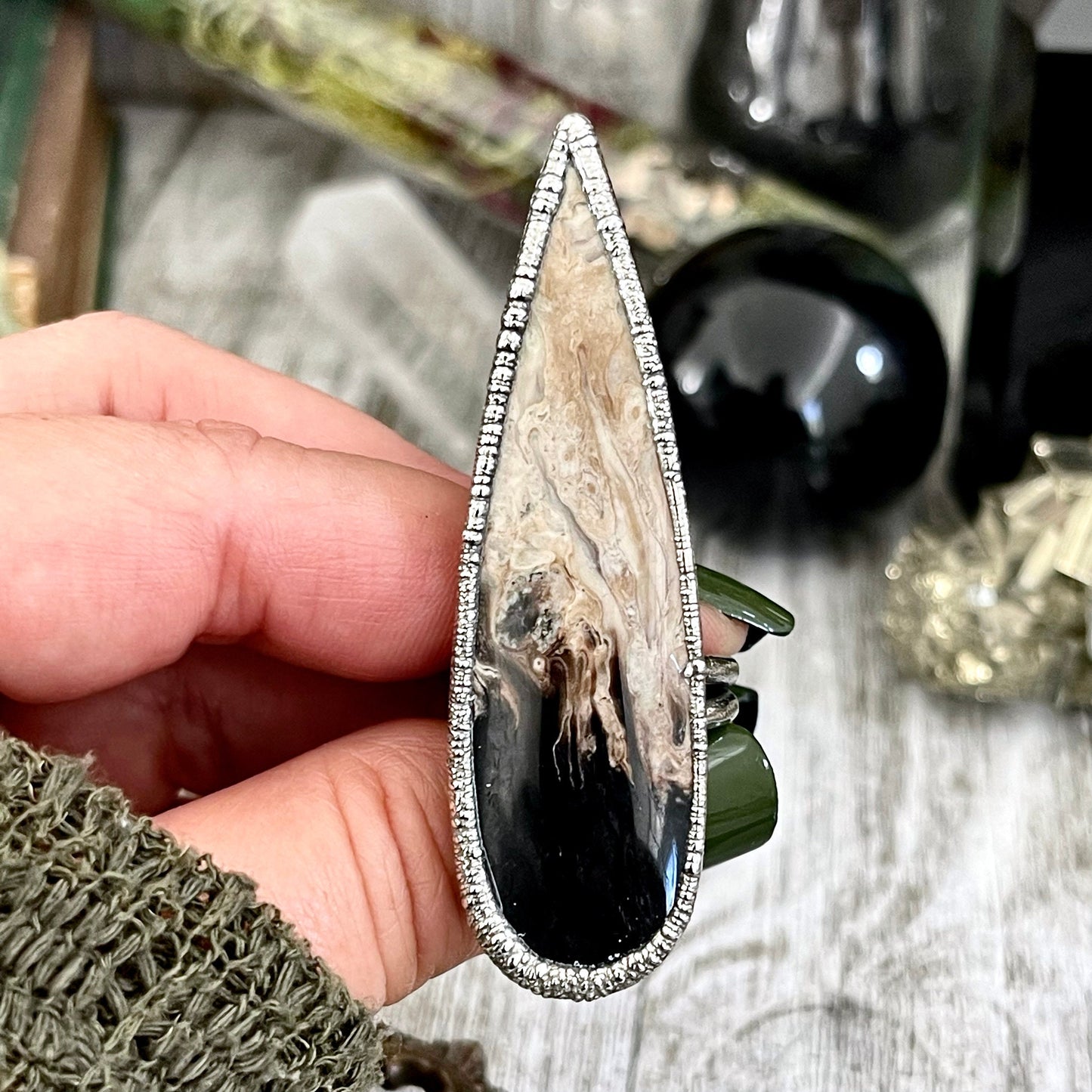 Size 8 Large Fossilized Palm Root Statement Ring in Fine Silver / Foxlark Collection / Black Stone Fossil Wood Gothic Jewelry