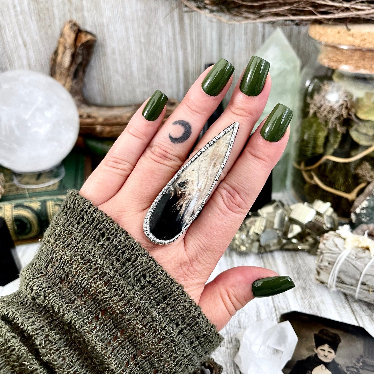 Size 8 Large Fossilized Palm Root Statement Ring in Fine Silver / Foxlark Collection / Black Stone Fossil Wood Gothic Jewelry