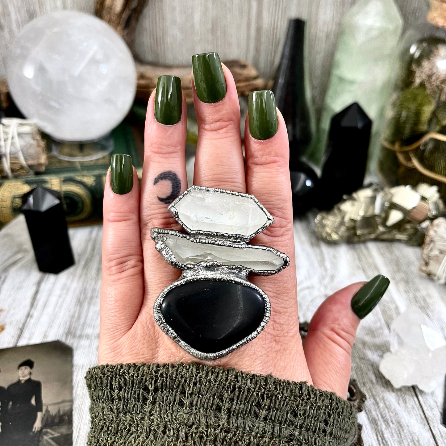 Size 8 Crystal Ring - Three Stone Ring Black Onyx Clear Quartz Ring Silver / Foxlark Collection - One of a Kind