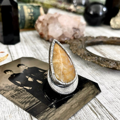 Size 8.5 Big Fossilized Coral Silver Statement Ring in Fine Silver / Foxlark Collection - One of a Kind / Big Crystal Ring Witchy Jewelry