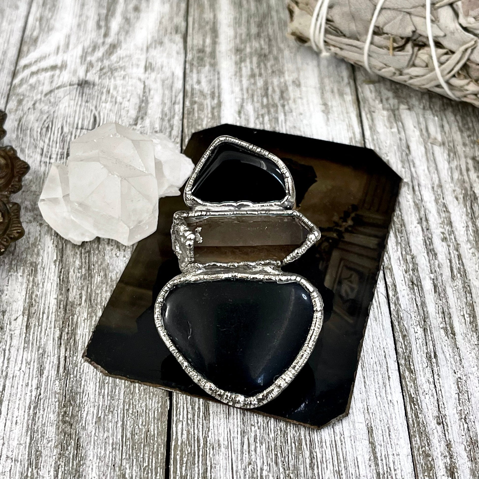 Size 8 Big Crystal Ring - Three Stone Black Onyx River Rock & Smokey Quartz Silver Ring / Foxlark Collection - One of a Kind Jewelry