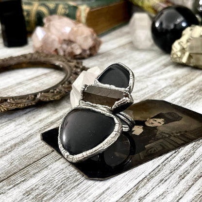 Size 8 Big Crystal Ring - Three Stone Black Onyx River Rock & Smokey Quartz Silver Ring / Foxlark Collection - One of a Kind Jewelry