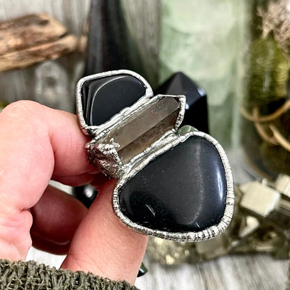 Size 8 Big Crystal Ring - Three Stone Black Onyx River Rock & Smokey Quartz Silver Ring / Foxlark Collection - One of a Kind Jewelry