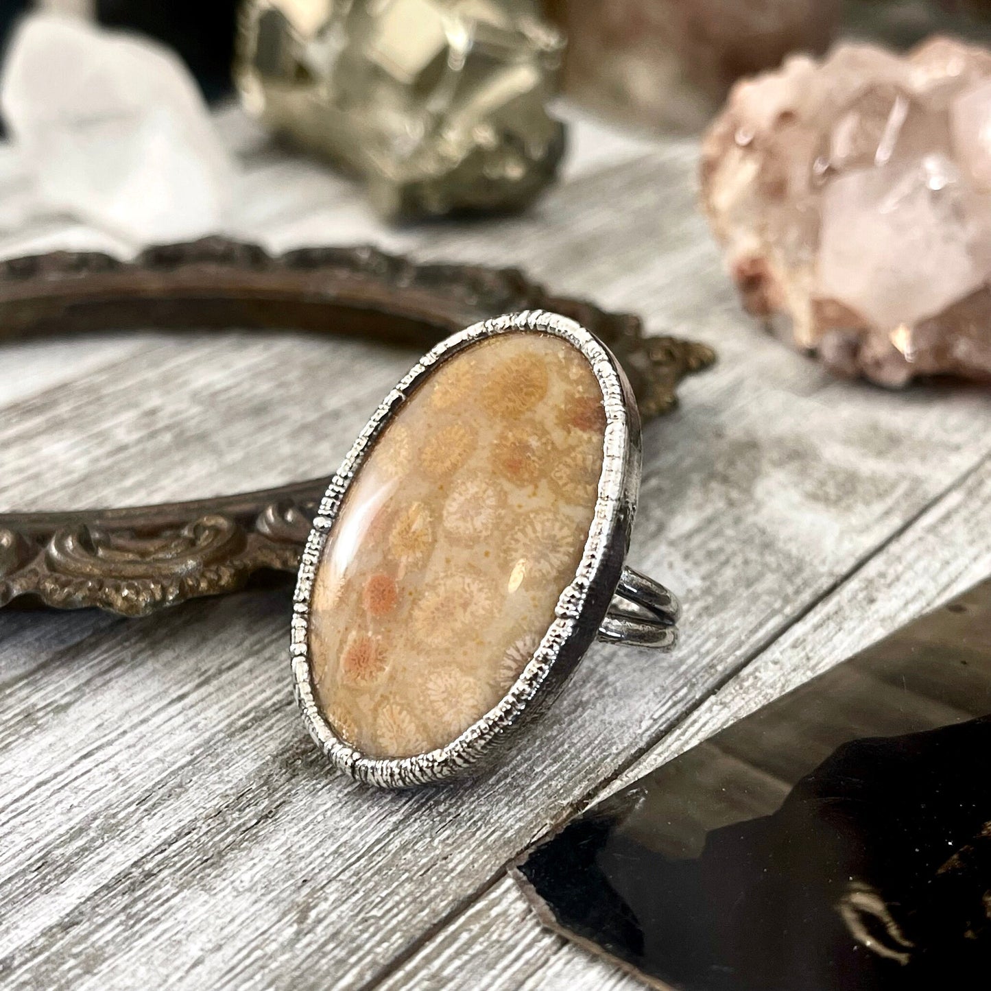 Size 9 Big Fossilized Coral Silver Statement Ring in Fine Silver / Foxlark Collection - One of a Kind