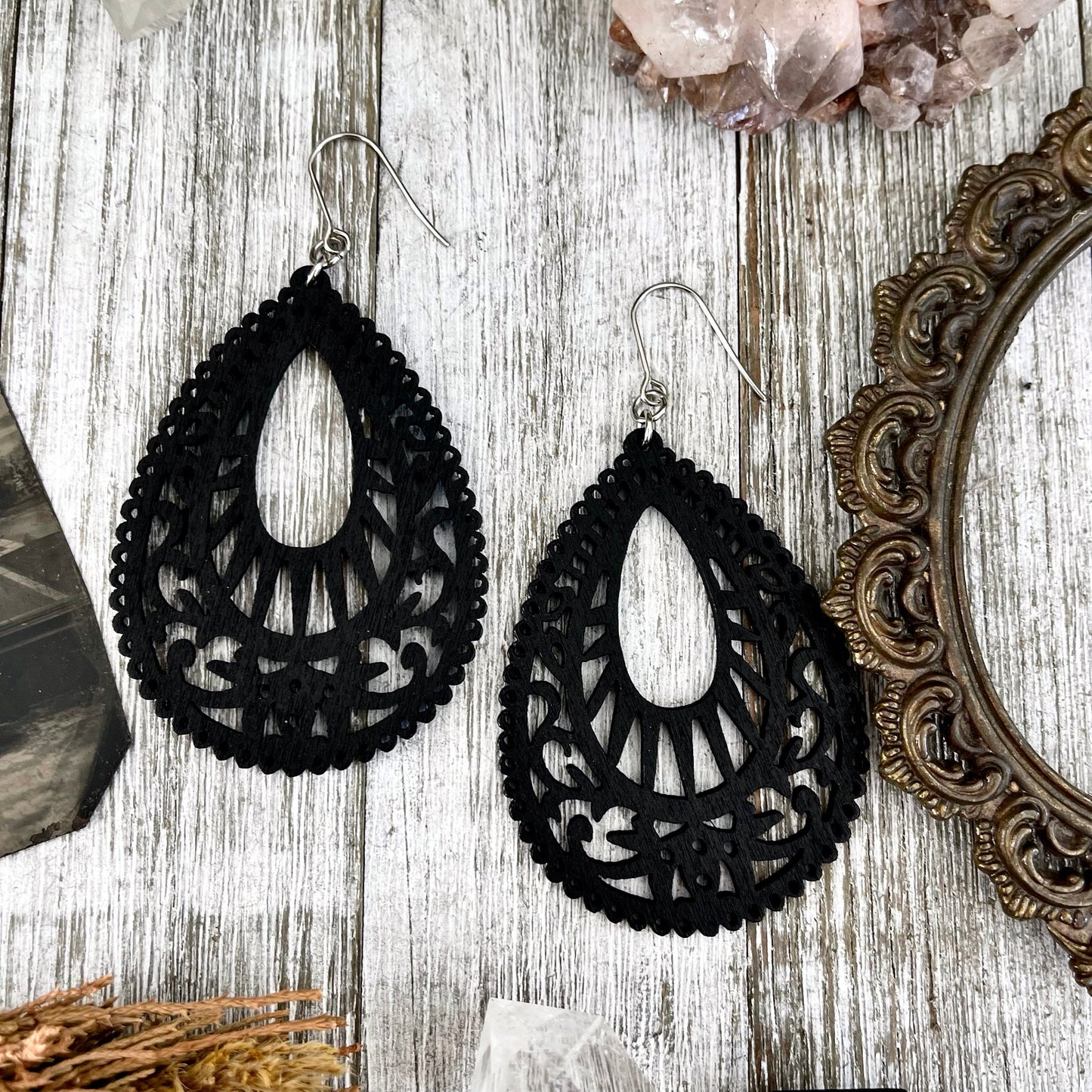 Black laser Cut Wooden Earrings / Stainless Steel Long Dangly Bohemian Earrings