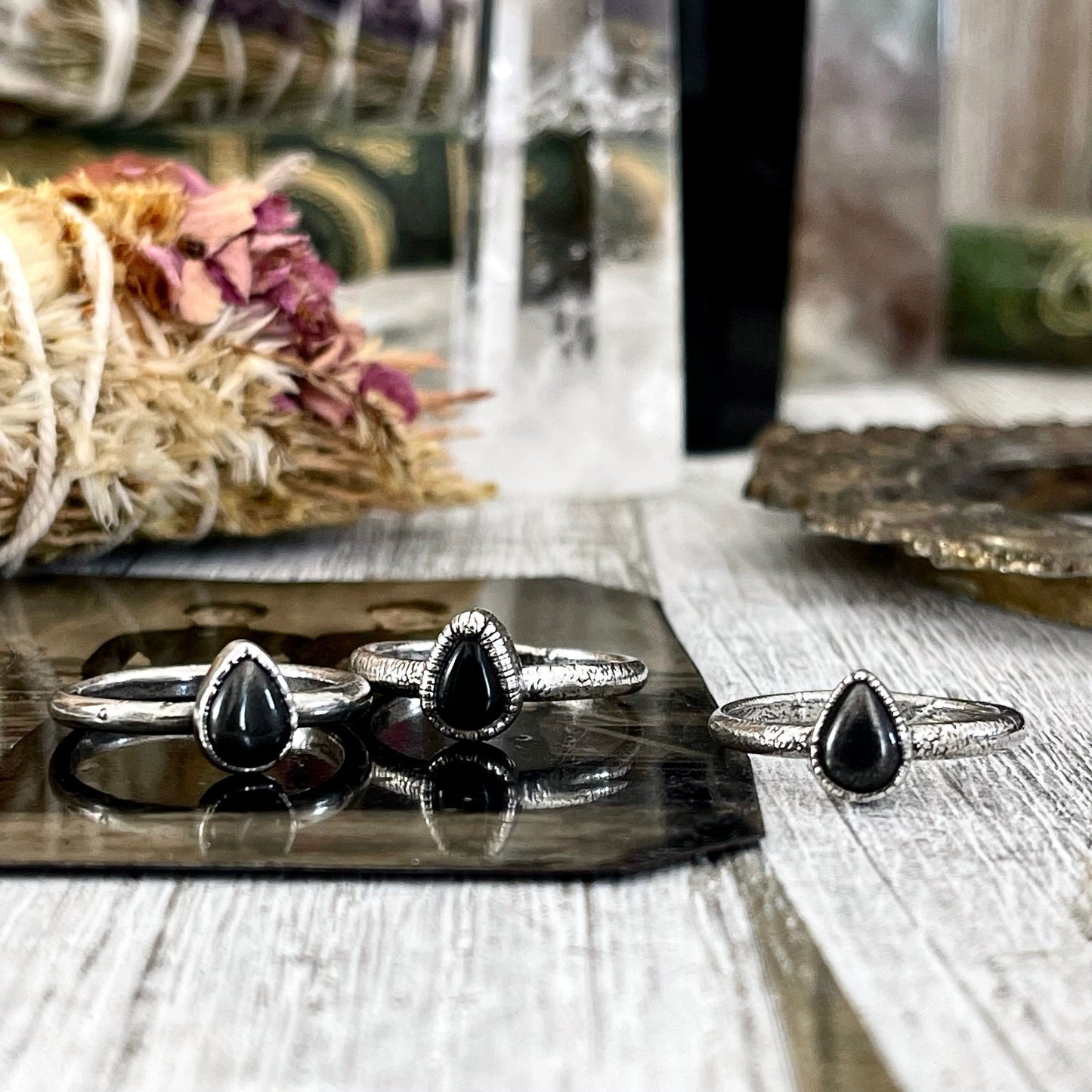 Dainty Teardrop Black Onyx Ring Fine Silver Size 5 6 7 8 9 10 Foxlark Collection // Witchy Goth Jewelry Crystal Alternative Jewelry