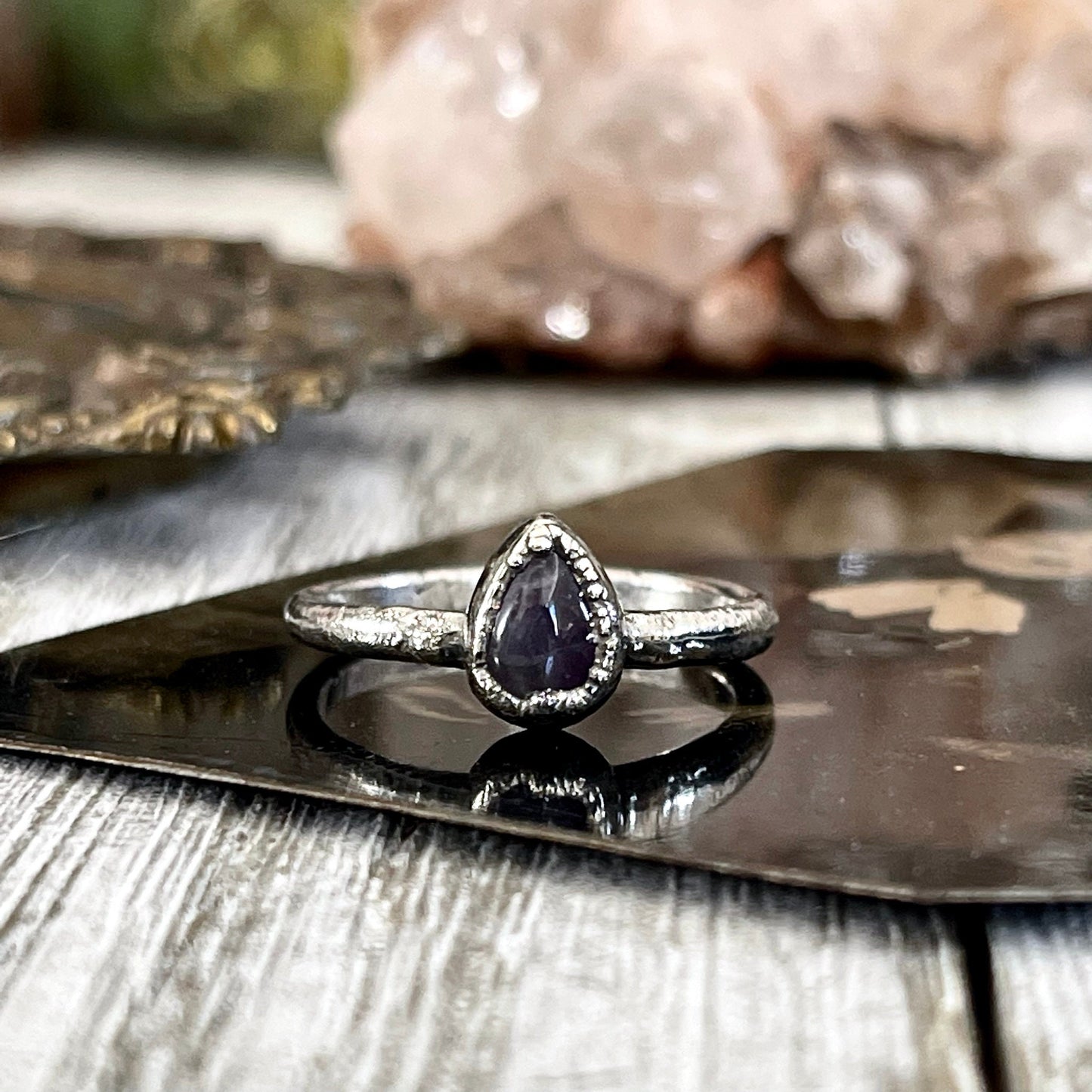 Dainty Teardrop Purple Amethyst Ring Fine Silver Size 5 6 7 8 9 10 Foxlark Collection // Witchy Goth Jewelry Crystal Alternative Jewelry