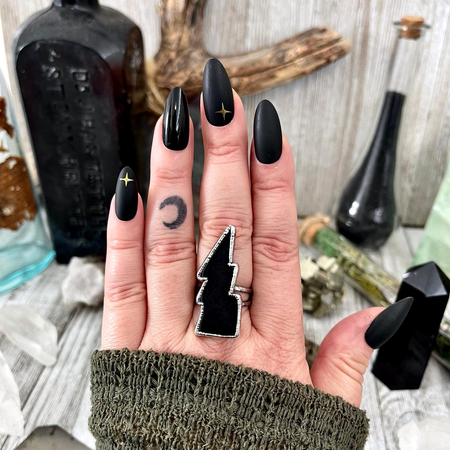 Black Onyx Lightning Bolt Ring Size 6 7 8 9 10 11 / Foxlark Collection / Ring For Women Gothic Jewelry Halloween Jewelry Black Stone Ring