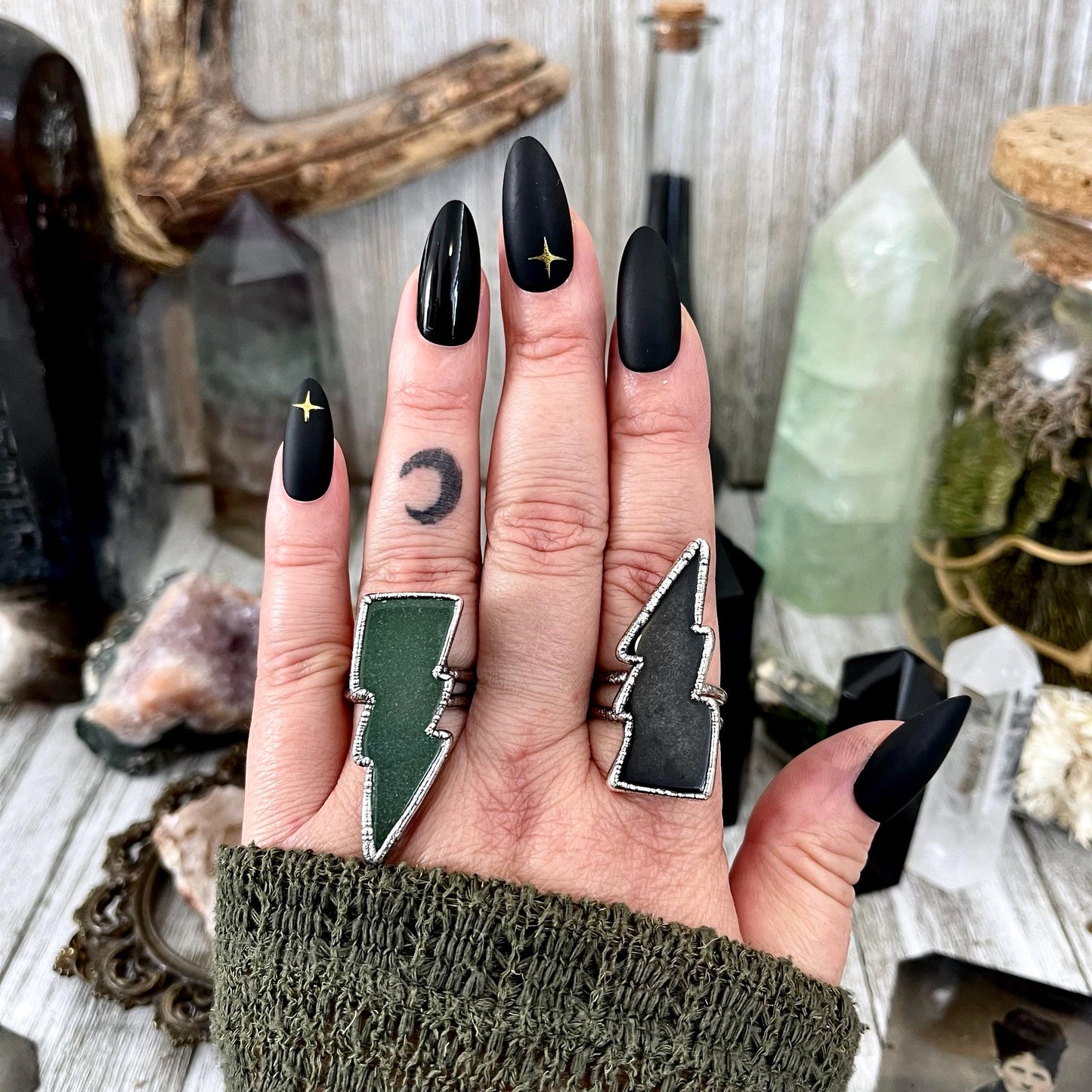 Green Aventurine Lightning Bolt Ring Size 6 7 8 9 10 11 / Foxlark Collection / Crystal Ring Gothic Ring Halloween Jewelry Punk Rock Ring