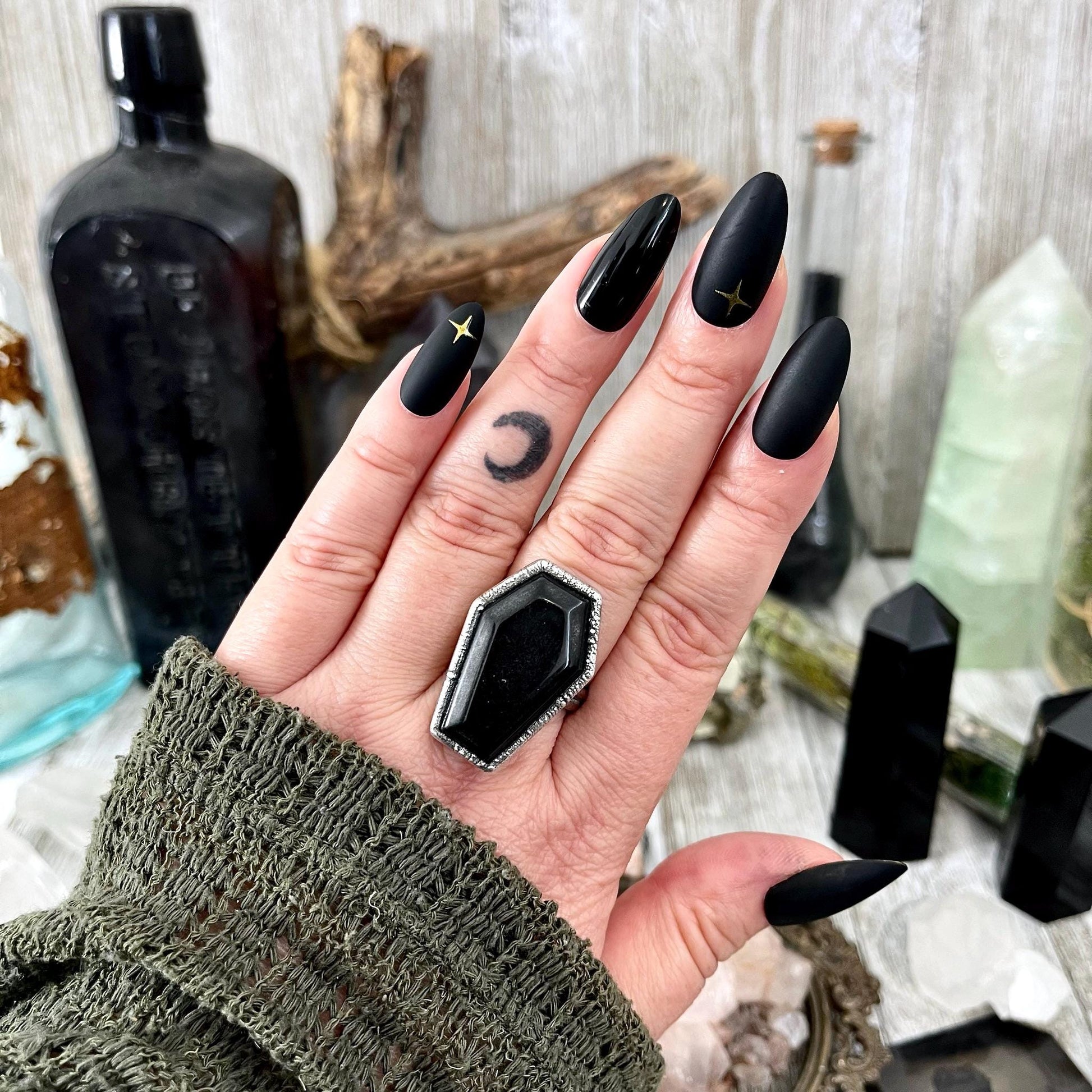 Black Onyx Coffin Ring Size 6 7 8 9 10 11 / Foxlark Collection / Crystal Ring For Women Gothic Jewelry Halloween Jewelry Black Stone Ring