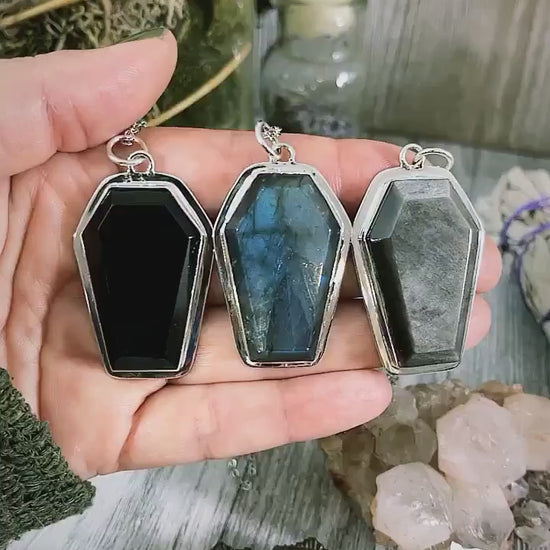 Big Chunky Crystal Coffin Necklace in Sterling Silver- Black Onyx, Labradorite or Silver Sheen Obsidian -Designed by FOXLARK Collection