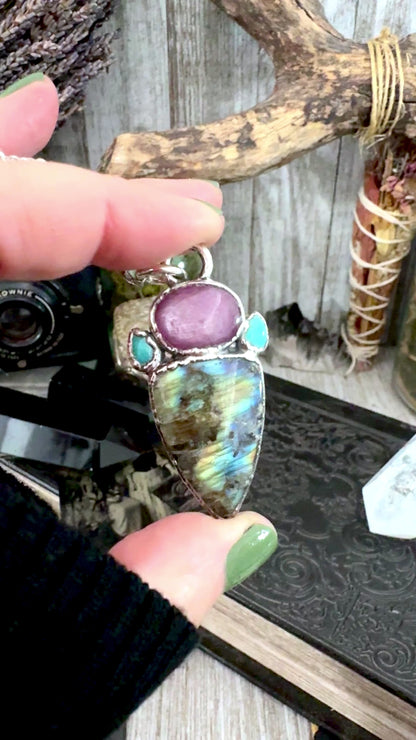 Multi Stone Star Ruby Turquoise Labradorite Crystal Necklace Fine Silver / Foxlark Collection