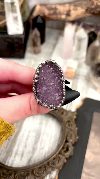 Raw Purple Amethyst Crystal Druzy Geode Ring in Fine Silver Size 7 / Foxlark Collection