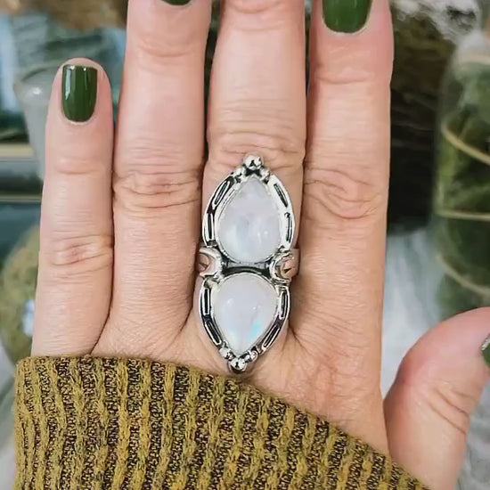 Mystic Moons Rainbow Moonstone Crystal Ring in Solid Sterling Silver- Designed by FOXLARK Collection Adjustable Ring Size Range 6-9