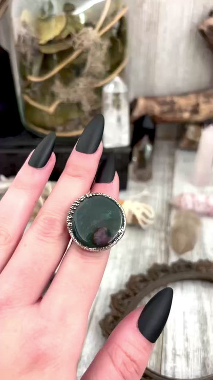 Green Bloodstone Crystal Statement Ring Silver Size 8 / Foxlark Collection