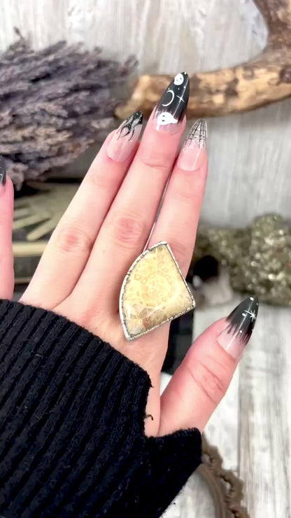 Fossilized Coral Crystal Ring Fine Silver Size 9 / Foxlark Collection - One of a Kind