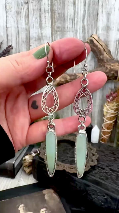 Blue Chalcedony Fine Silver Crystal Dangle Earrings / Long Dangle Witchy Earrings