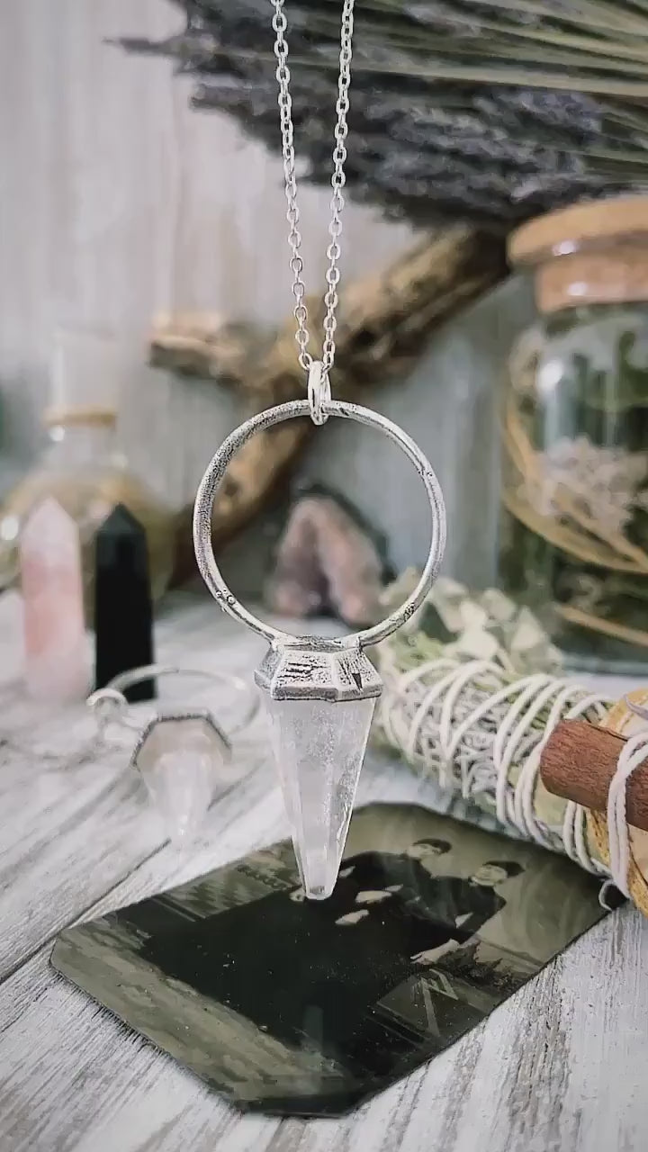 Clear Quartz Crystal Pendulum Necklace Pendant in Fine Silver  / Foxlark Collection