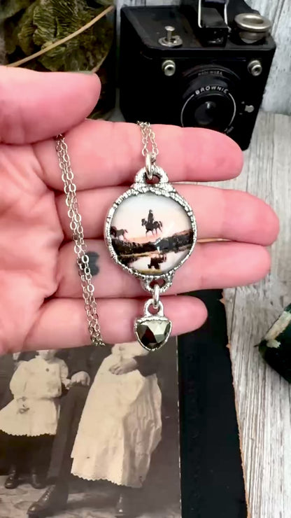 Road To Nowhere - Vintage Cowboy On Horse With Pyrite Charm Necklace Fine Silver - One of a Kind