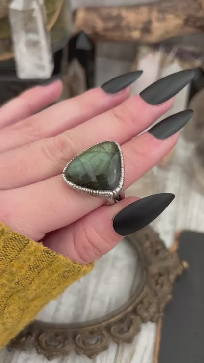 Green Labradorite Ring Fine Silver Size 8 / Foxlark Crystal Jewelry Collection