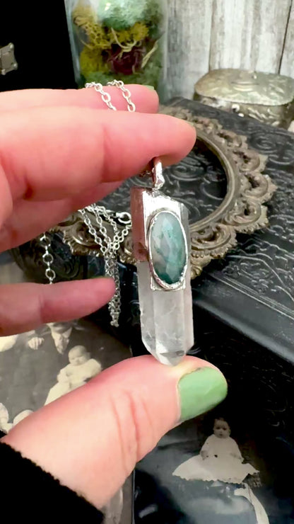 Clear Quartz & Moss Agate Crystal Statement Necklace in Fine Silver / Foxlark Collection - One of a Kind