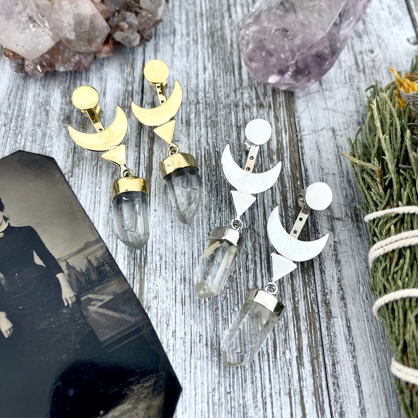 Crescent Moon Ear Jacket Earrings with Natural Clear Quartz Crystals set in Brass or Sterling Silver
