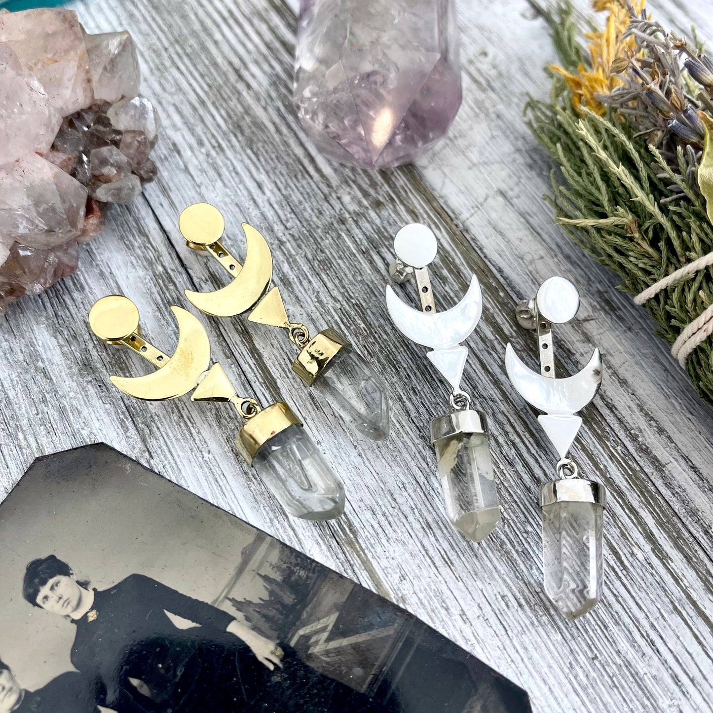Crescent Moon Ear Jacket Earrings with Natural Clear Quartz Crystals set in Brass or Sterling Silver