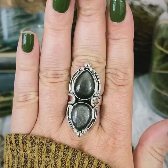 Mystic Moons Silver Sheen Obsidian Crystal Ring in Solid Sterling Silver- Designed by FOXLARK Collection Size 5 6 7 8 9 10 11 Adjustable