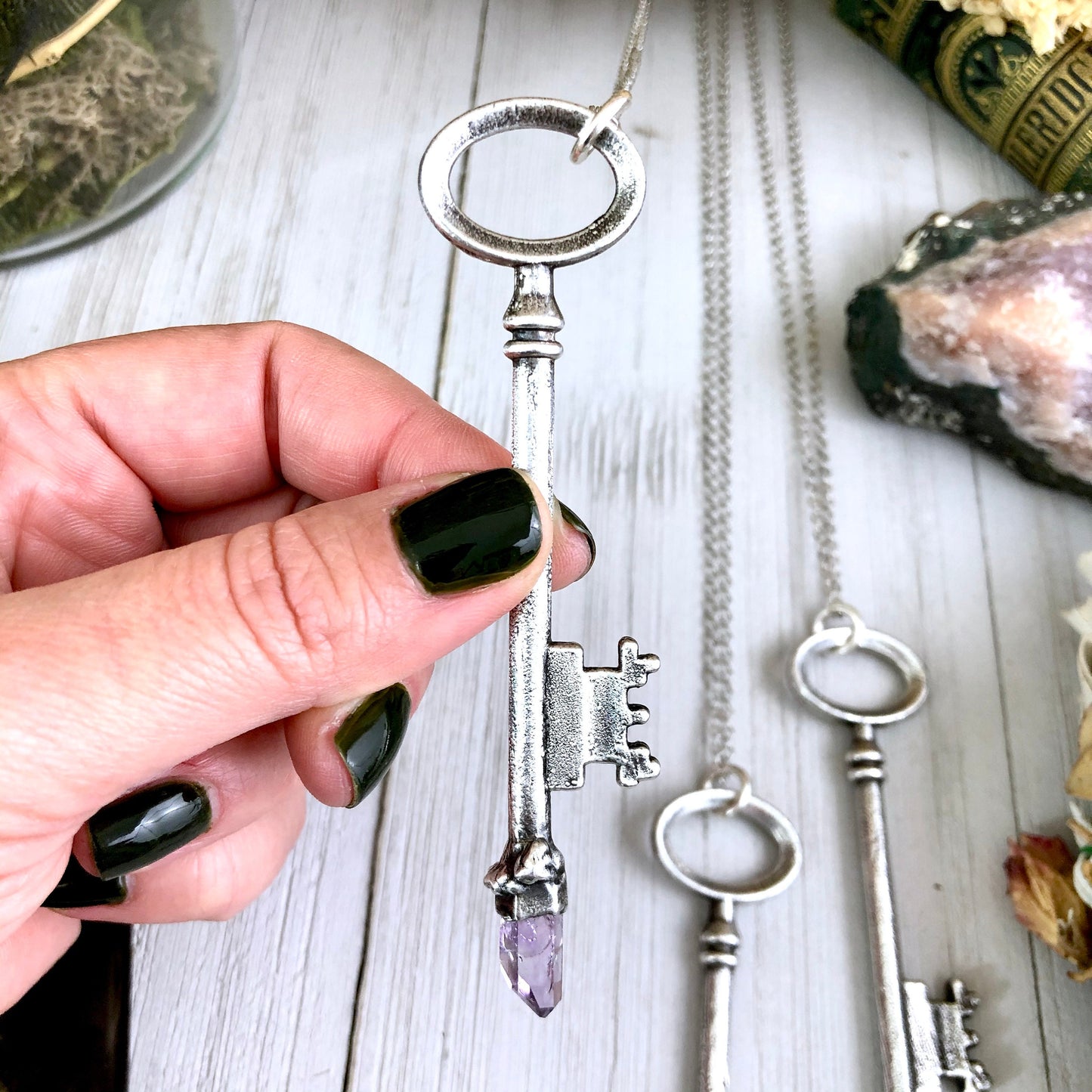 antique key necklace, Crystal Necklaces, Etsy ID: 745548723, FOXLARK- NECKLACES, Gothic Jewelry, Jewelry, Necklaces, Raw Amethyst Jewelry, raw crystal jewelry, Raw crystal necklace, Raw Crystal Pendant, Raw Stone Jewelry, Skeleton Key, Steampunk Jewelry,