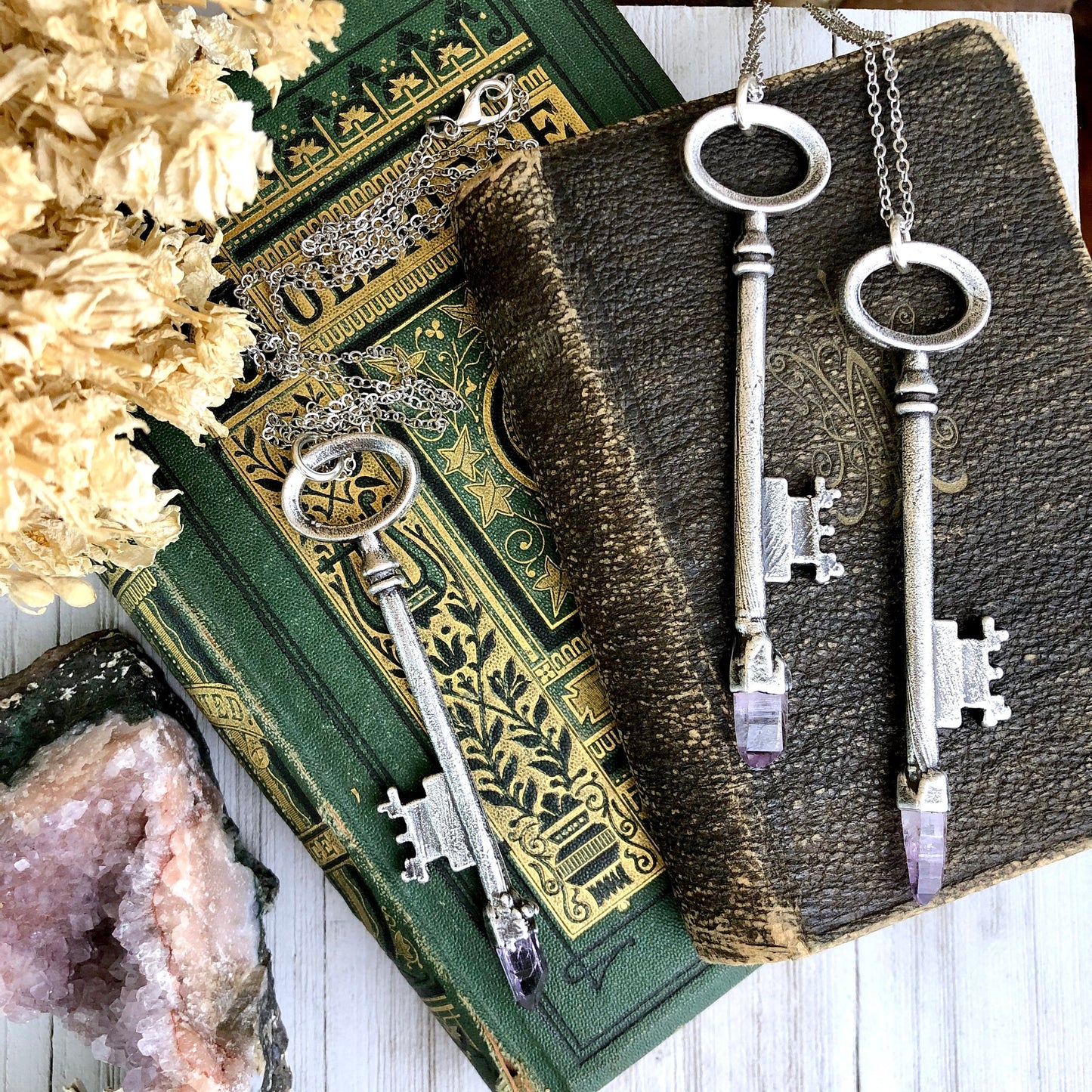 antique key necklace, Crystal Necklaces, Etsy ID: 745548723, FOXLARK- NECKLACES, Gothic Jewelry, Jewelry, Necklaces, Raw Amethyst Jewelry, raw crystal jewelry, Raw crystal necklace, Raw Crystal Pendant, Raw Stone Jewelry, Skeleton Key, Steampunk Jewelry,