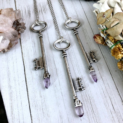 antique key necklace, Crystal Necklaces, Etsy ID: 745548723, FOXLARK- NECKLACES, Gothic Jewelry, Jewelry, Necklaces, Raw Amethyst Jewelry, raw crystal jewelry, Raw crystal necklace, Raw Crystal Pendant, Raw Stone Jewelry, Skeleton Key, Steampunk Jewelry,