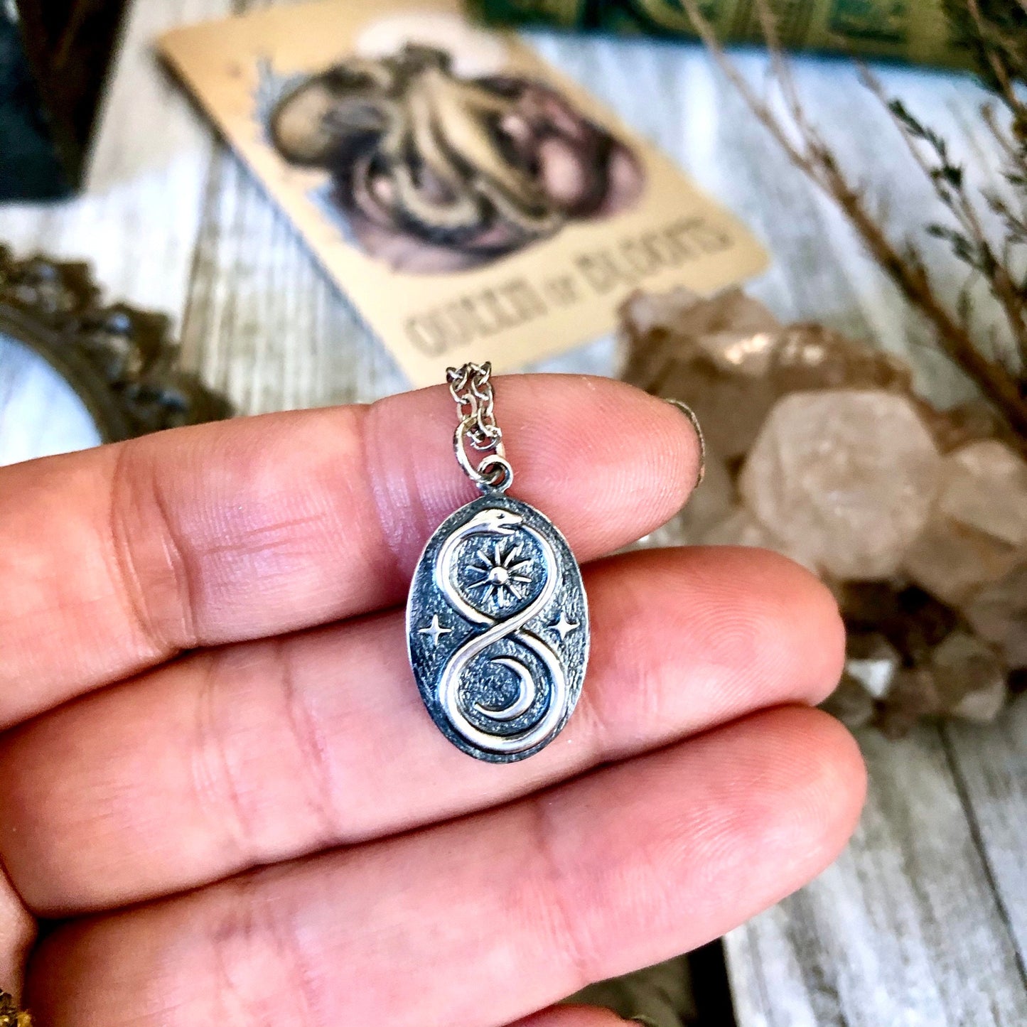 Tiny Talisman Collection - Sterling Silver Infinity Snake Pendant with Sun and Moon 22x13mm /