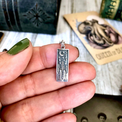 Tiny Talisman Collection - Sterling Silver Rectangle Pine Tree with Moon Necklace Pendant 23x8mm /.
