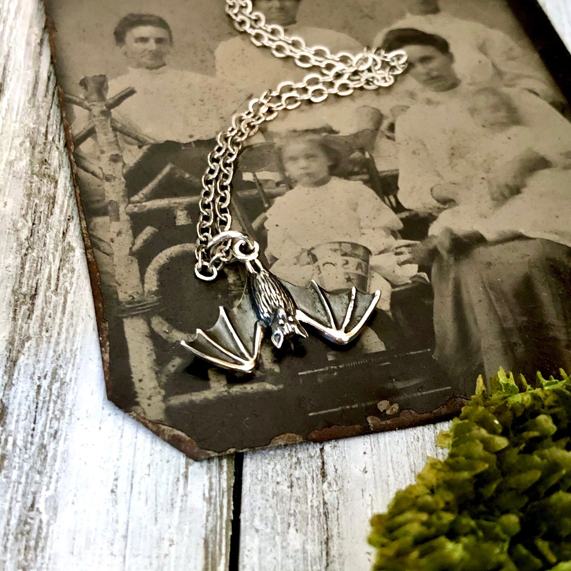 Tiny Talisman Collection - Sterling Silver Tiny Bat Necklace Pendant 12x20mm / - Foxlark Crystal Jewelry