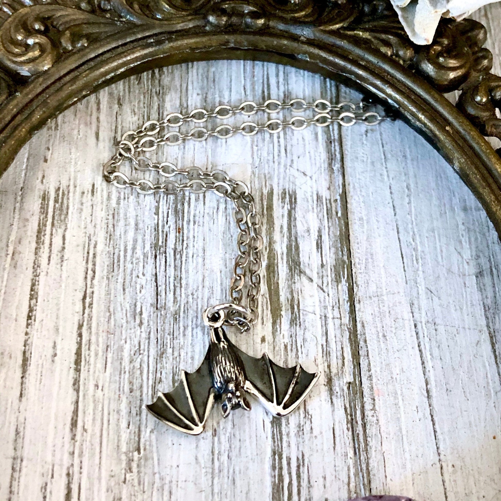 Tiny Talisman Collection - Sterling Silver Tiny Bat Necklace Pendant 12x20mm / - Foxlark Crystal Jewelry
