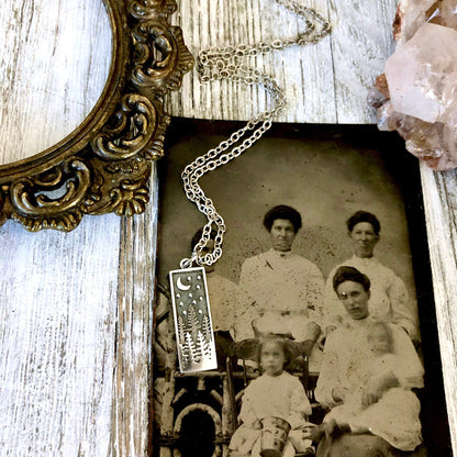 Tiny Talisman Collection - Sterling Silver Rectangle Pine Tree with Moon Necklace Pendant 23x8mm /.