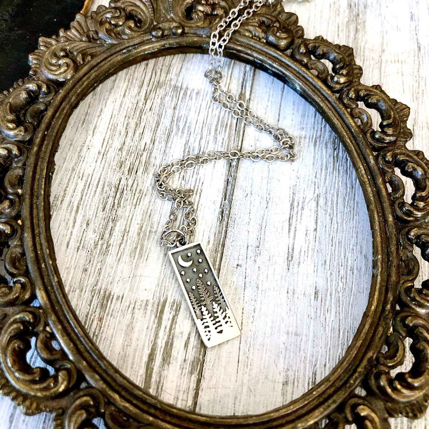 Tiny Talisman Collection - Sterling Silver Rectangle Pine Tree with Moon Necklace Pendant 23x8mm /
