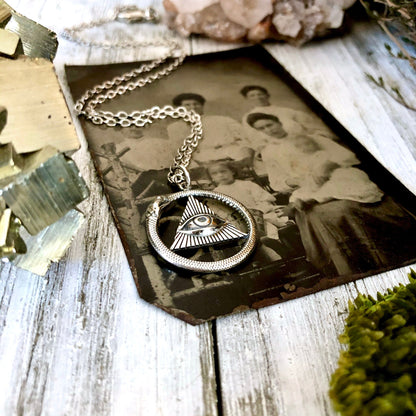 Tiny Talisman Collection - Sterling Silver All Seeing Eye and Ouroboros Necklace Pendant 21x21mm  /.