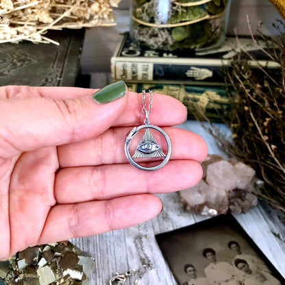 Tiny Talisman Collection - Sterling Silver All Seeing Eye and Ouroboros Necklace Pendant 21x21mm  /.