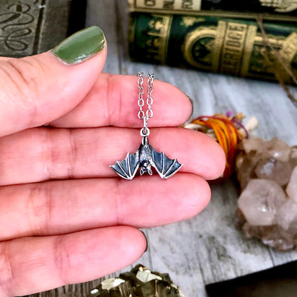 Tiny Talisman Collection - Sterling Silver Tiny Bat Necklace Pendant 12x20mm  /.