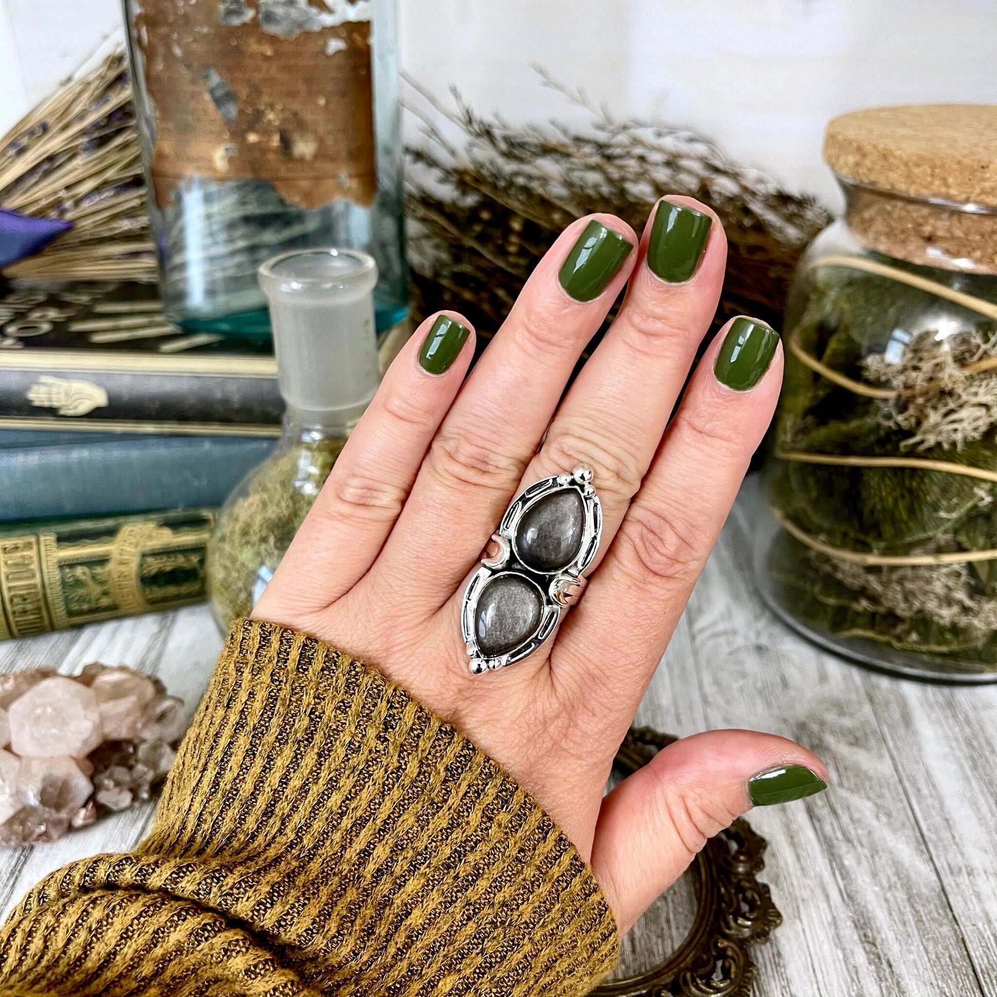 Big crystal ring, Big stone ring, boho jewelry, boho ring, Etsy ID: 1078431779, FOXLARK- RINGS, gypsy ring, Healing Crystals, Jewelry, Moon Jewelry, Moon Ring, Obsidian Ring, Rings, Silver Sheen, Statement Ring, Statement Rings, Wholesale, Witchy Jewelry