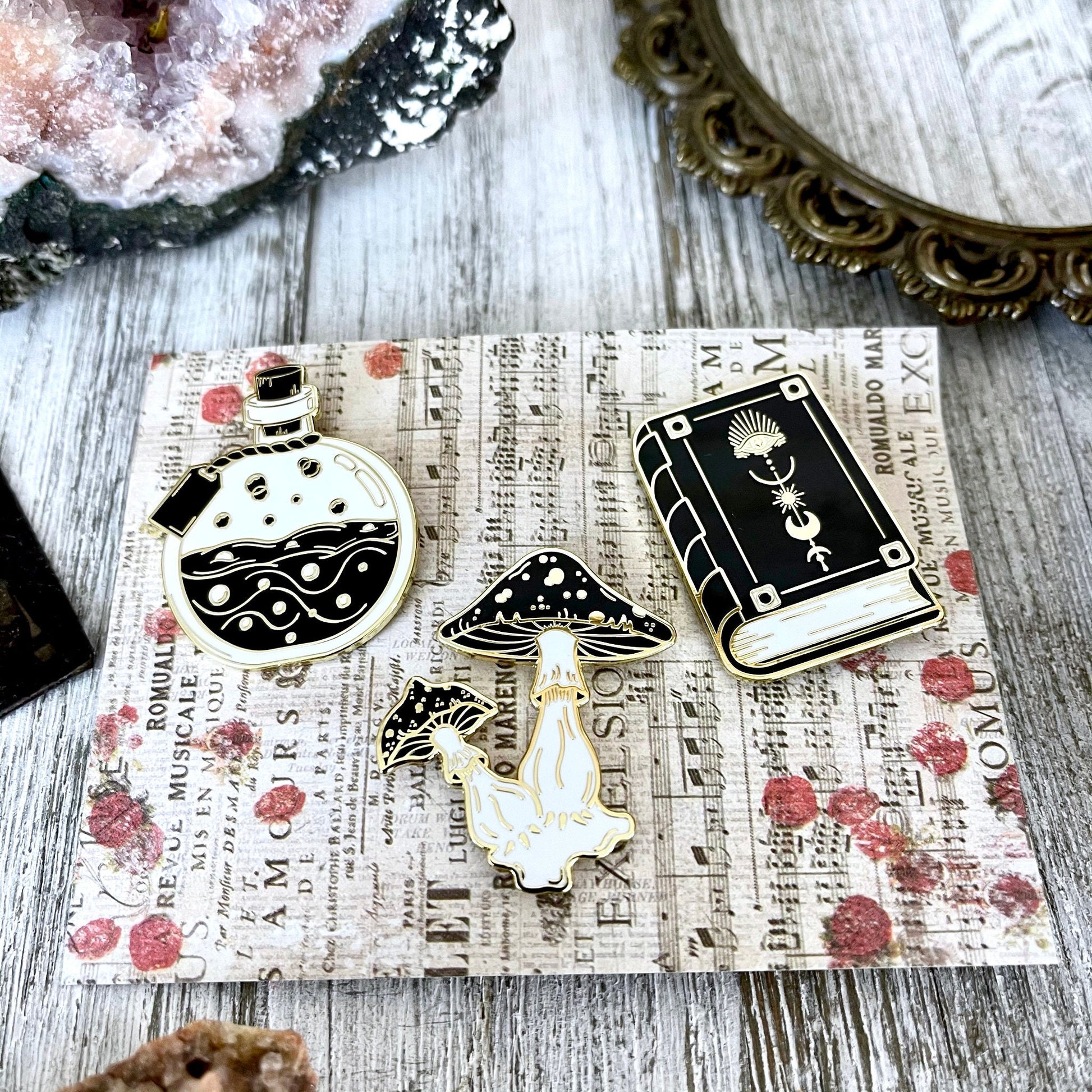 Accessories, cute pins, earthy pins, Enamel Pins, Etsy ID: 1017543096, goth pins, Mushroom Pin, Patches & Pins, Pin Set, Pins & Pinback Buttons, Potion Bottle Pin, Witch, Witch Jewelry, Witchy, Witchy Book Pin