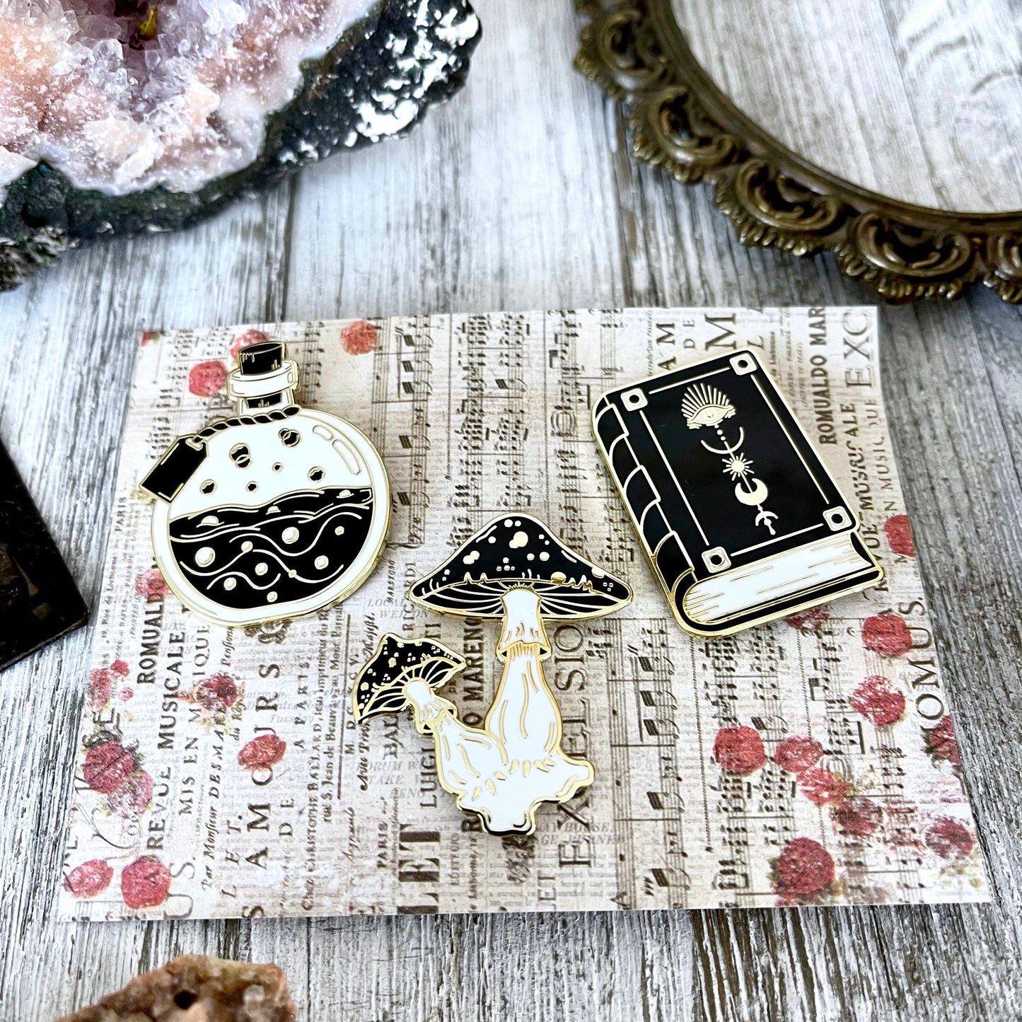 Witchy Pin Set  - Set Of 3 Witchy Enamel Pins- Mushroom Pin, Potion Bottle Pin, Witch Pin , Book Pin