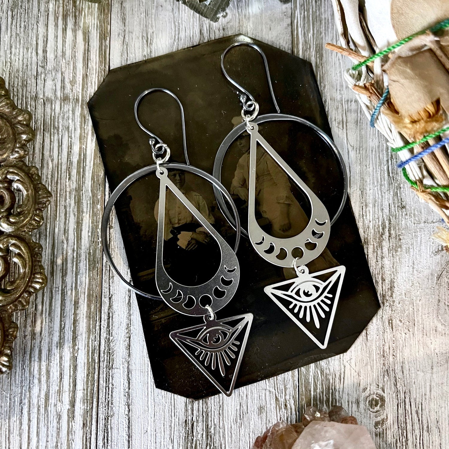 Sterling Silver & Stainless Steel Long Dangly All Seeing Eye Earrings with Silver Hoops