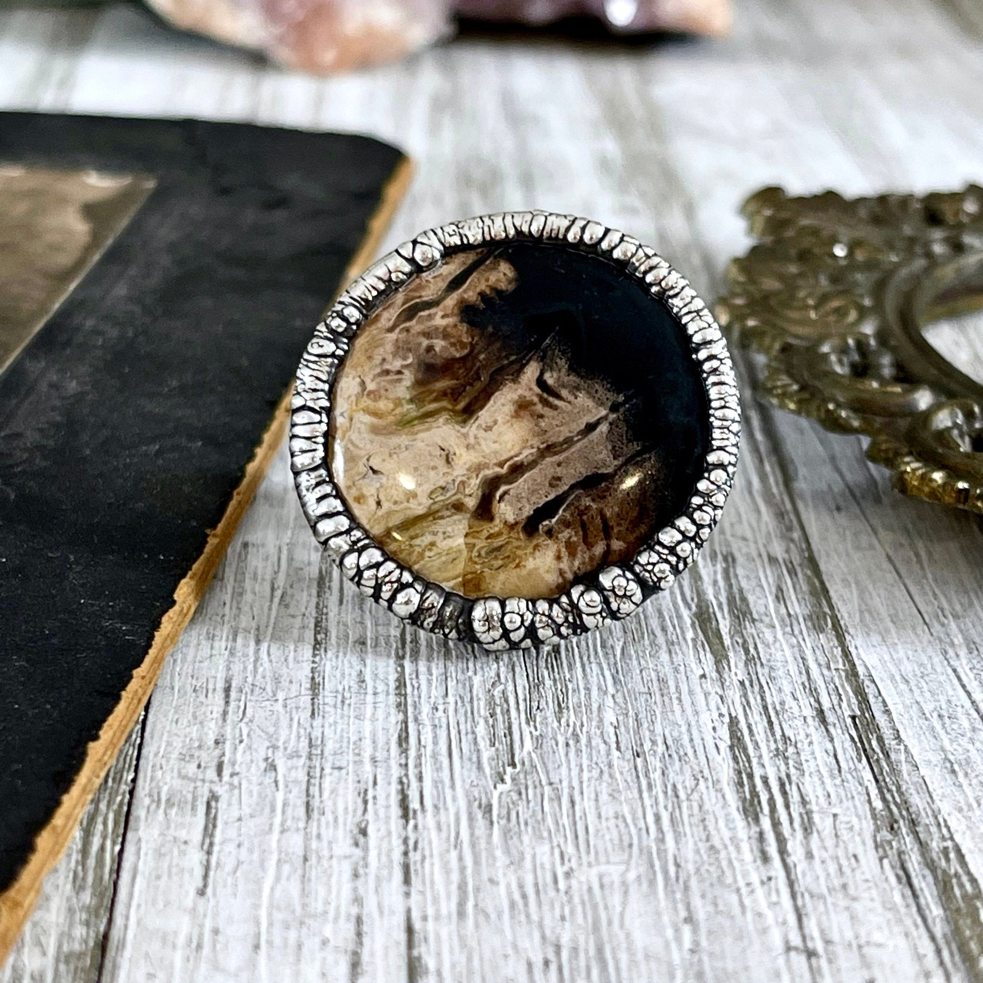 Big Bold Jewelry, Big Crystal Ring, Big Silver Ring, Big Stone Ring, Etsy ID: 1086567121, Fossilized Palm Root, FOXLARK- RINGS, Jewelry, Large Boho Ring, Large Crystal Ring, Large Stone Ring, Natural stone ring, Rings, silver crystal ring, Silver Stone Je