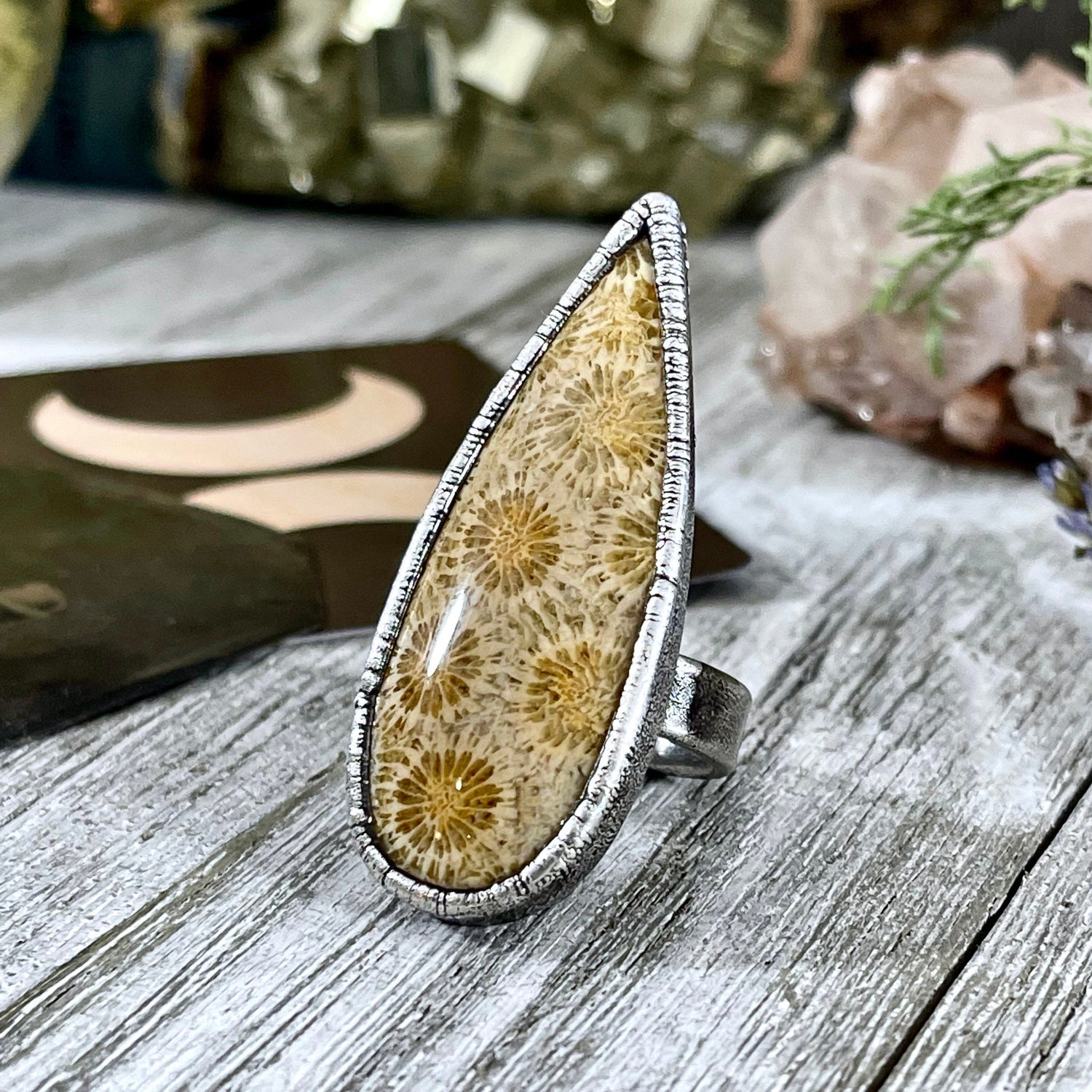 Size 8 Fossilized Coral Silver Statement Ring / Foxlark Collection - One of a Kind