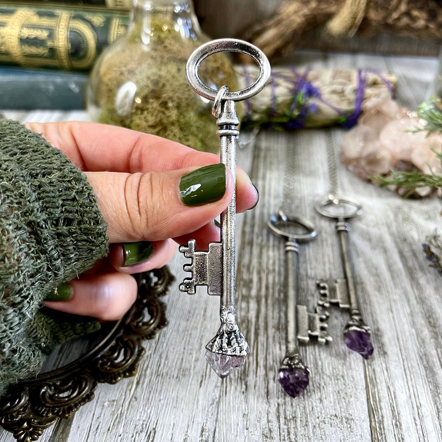 Raw Amethyst Crystal Vintage Skeleton Key Necklace Pendant in Fine Silver  / Foxlark Collection - One of a Kind.