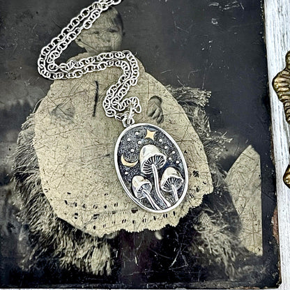 Tiny Talisman Collection - Silver Mushroom with Bronze Star and Moon Necklace 26x15mm  /.